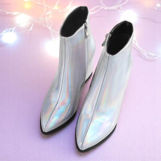 Cosmic Slick Ankle Boots – Boots | Iridescent pastel fashion accessory from Rainbowscape