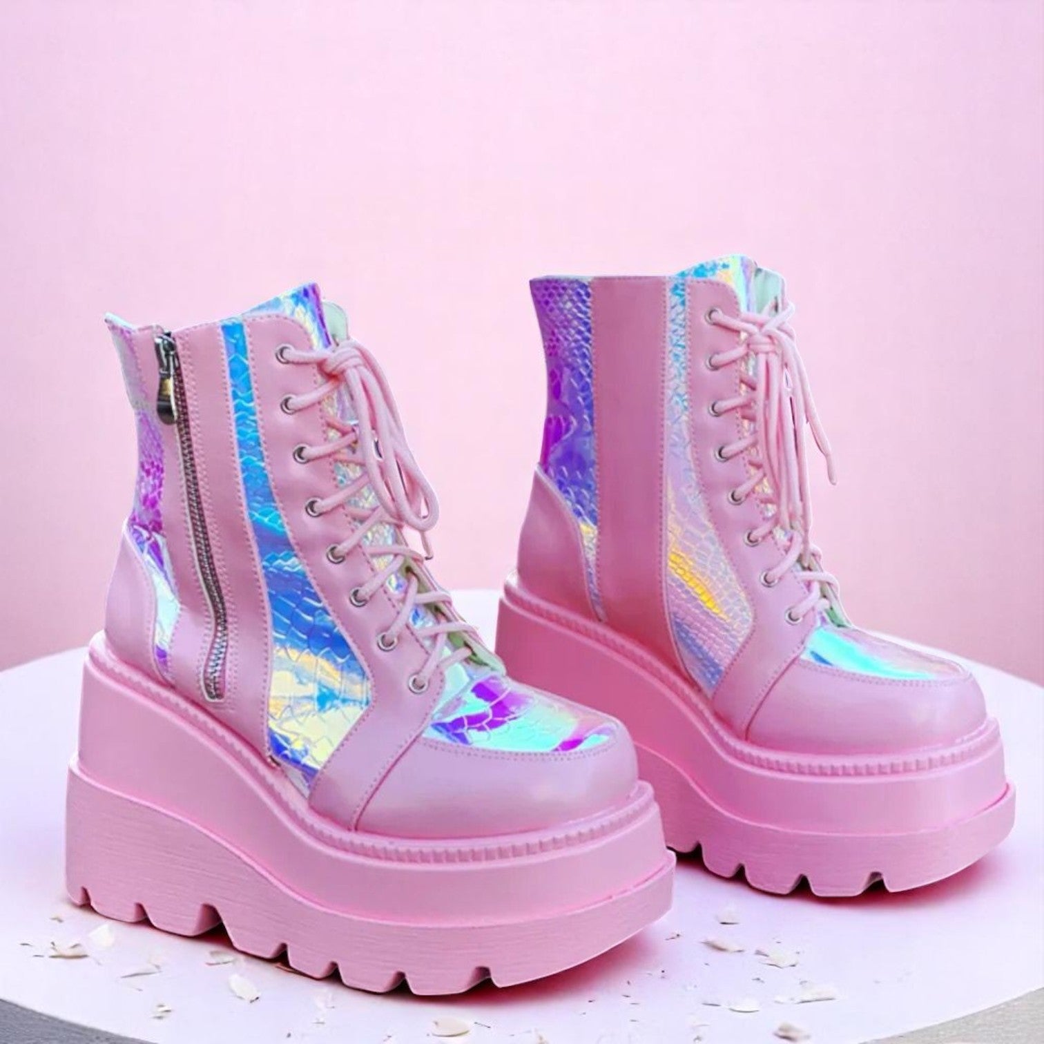 Prism Prowl Hologlam Wedge Boots – Boots | Iridescent pastel fashion accessory from Rainbowscape
