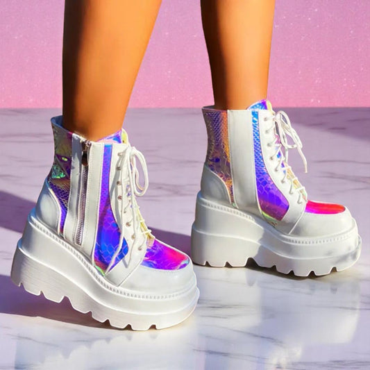 Prism Prowl Hologlam Wedge Boots – Boots | Iridescent pastel fashion accessory from Rainbowscape