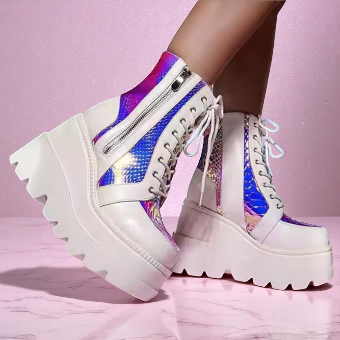 Prism Prowl Hologlam Wedge Boots – Boots | Iridescent pastel fashion accessory from Rainbowscape