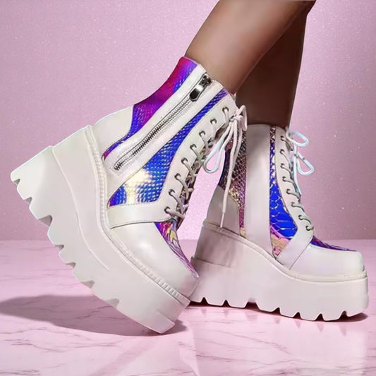 Prism Prowl Hologlam Wedge Boots – Boots | Iridescent pastel fashion accessory from Rainbowscape