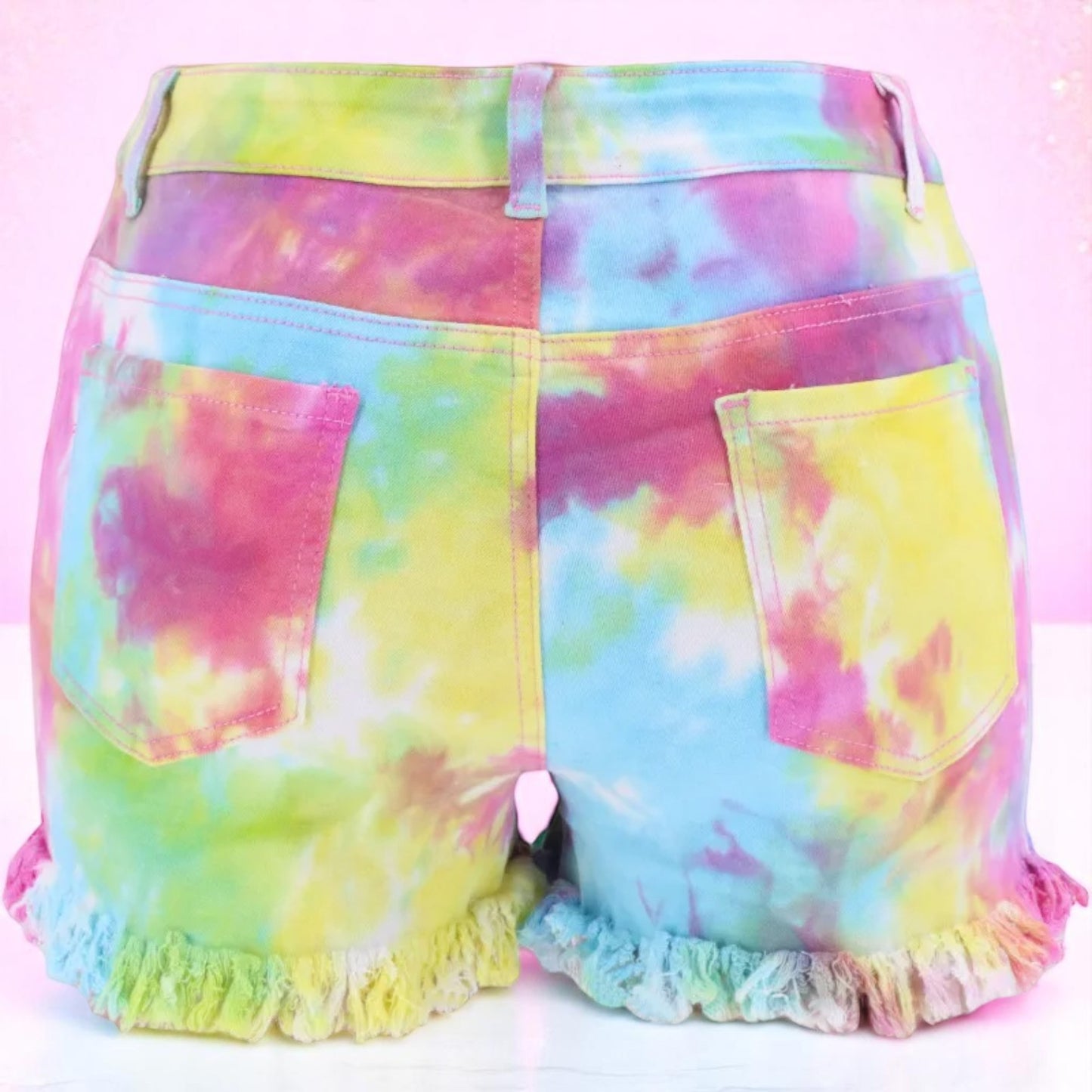 Skittles in the Sunburst – Tie-Dye Ripped Denim Shorts – Shorts | Iridescent pastel fashion accessory from Rainbowscape