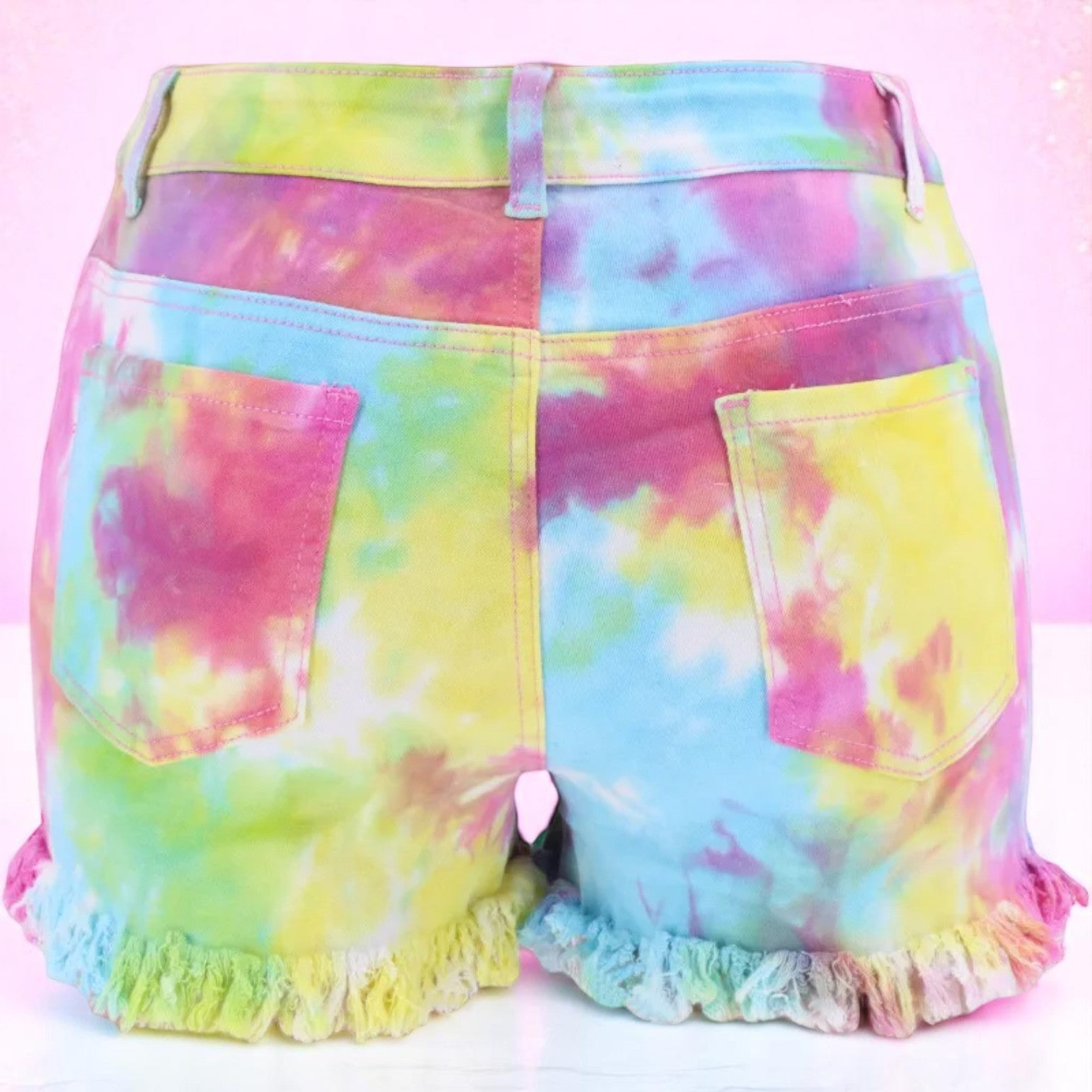 Skittles in the Sunburst – Tie-Dye Ripped Denim Shorts – Shorts | Iridescent pastel fashion accessory from Rainbowscape