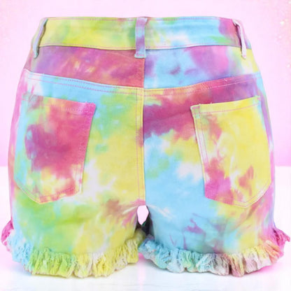 Skittles in the Sunburst – Tie-Dye Ripped Denim Shorts – Shorts | Iridescent pastel fashion accessory from Rainbowscape