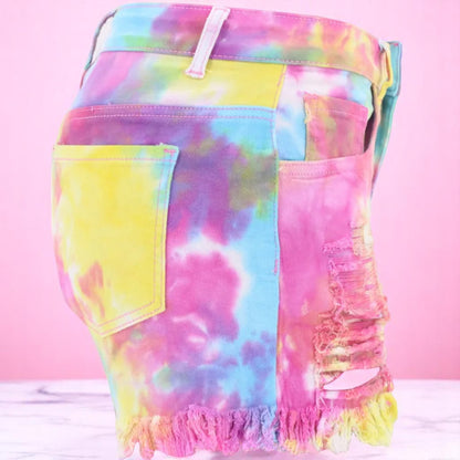 Skittles in the Sunburst – Tie-Dye Ripped Denim Shorts – Shorts | Iridescent pastel fashion accessory from Rainbowscape