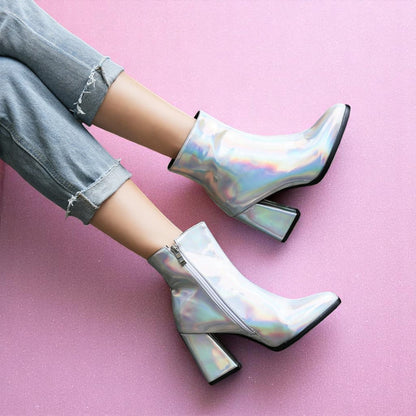 Cosmic Slick Ankle Boots – Boots | Iridescent pastel fashion accessory from Rainbowscape