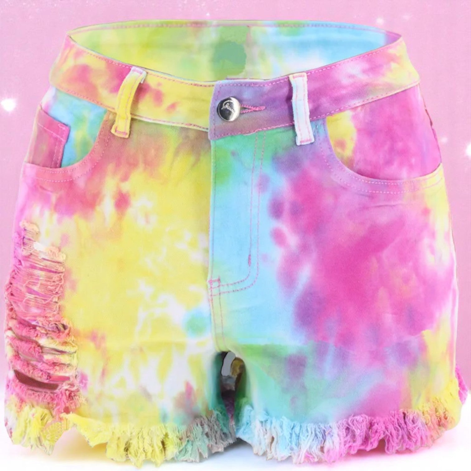 Skittles in the Sunburst – Tie-Dye Ripped Denim Shorts – Shorts | Iridescent pastel fashion accessory from Rainbowscape