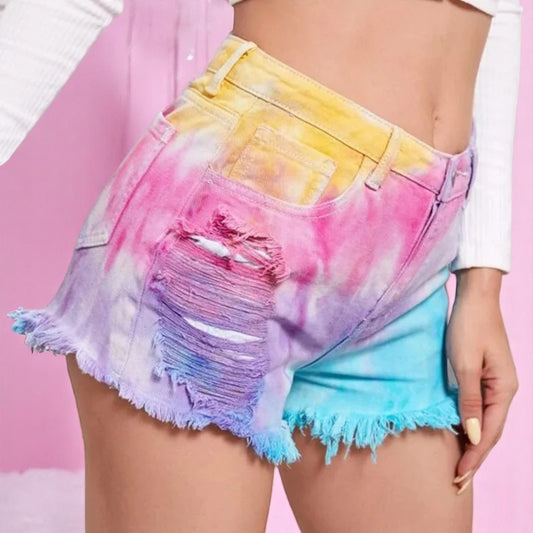 Skittles in the Sunburst – Tie-Dye Ripped Denim Shorts – Shorts | Iridescent pastel fashion accessory from Rainbowscape