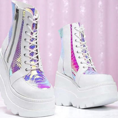 Prism Prowl Hologlam Wedge Boots – Boots | Iridescent pastel fashion accessory from Rainbowscape