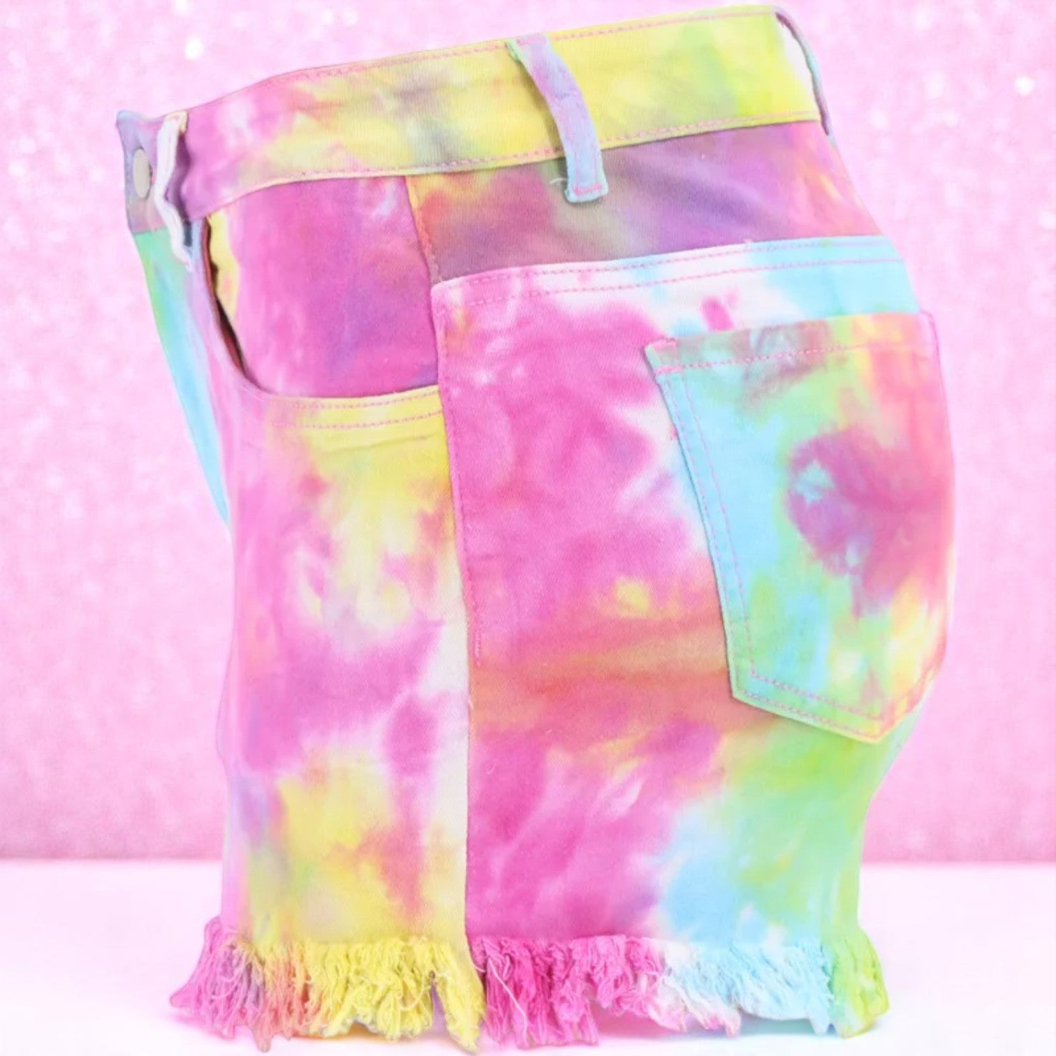 Skittles in the Sunburst – Tie-Dye Ripped Denim Shorts – Shorts | Iridescent pastel fashion accessory from Rainbowscape