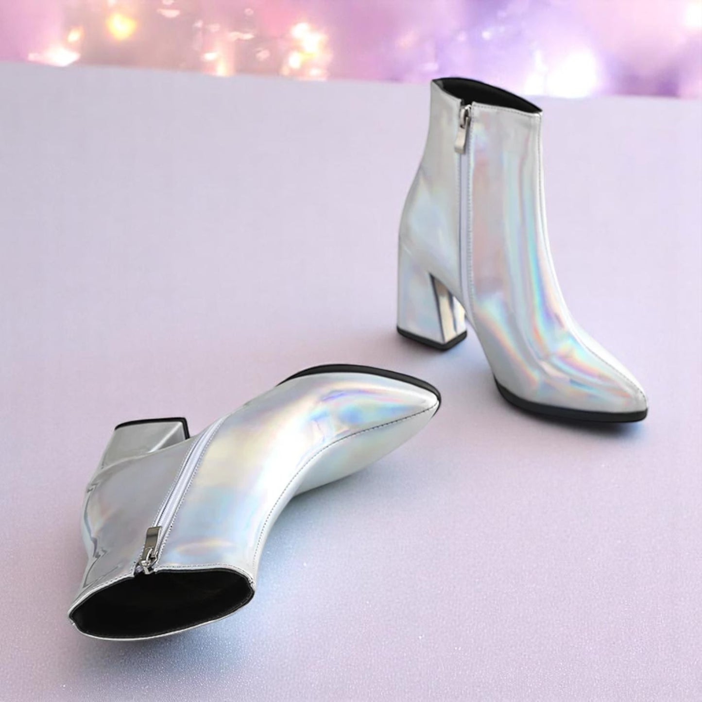 Cosmic Slick Ankle Boots – Boots | Iridescent pastel fashion accessory from Rainbowscape