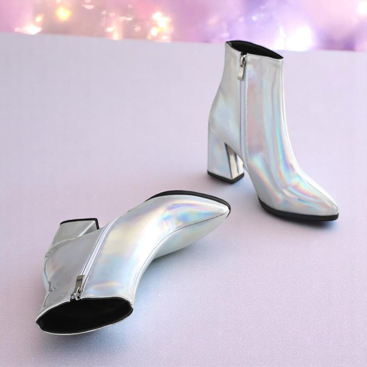 Cosmic Slick Ankle Boots – Boots | Iridescent pastel fashion accessory from Rainbowscape